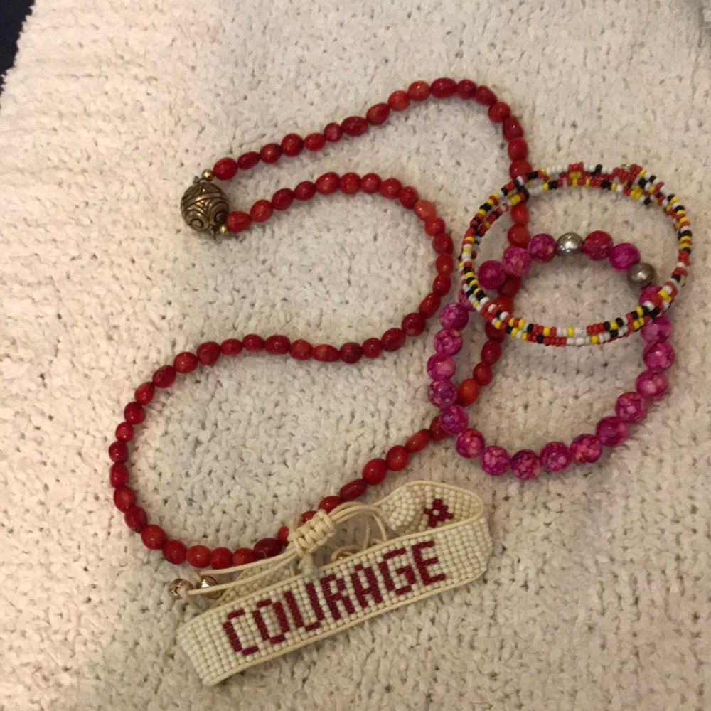 Beaded 'Courage' Bracelet & Mixed Bead Bracelet Set - Red & Pink